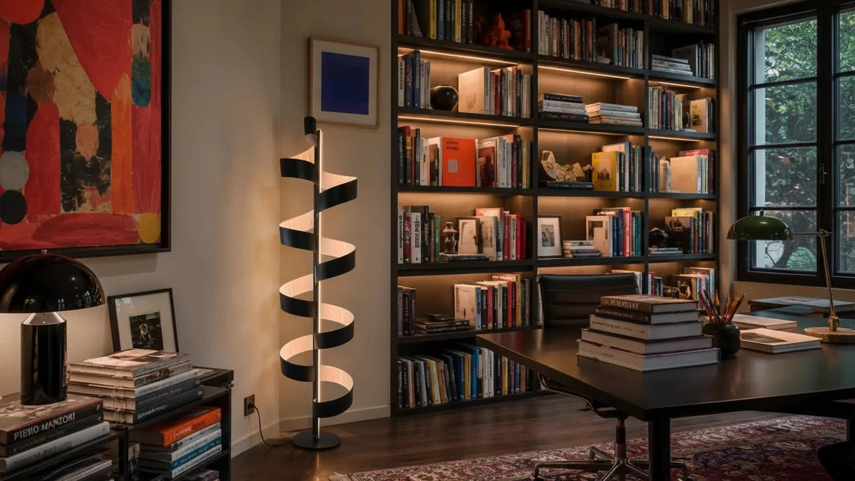 Aura Floor Lamp in matte black with white interior, sculptural spiral floor lamp photographed on a neutral grey studio background