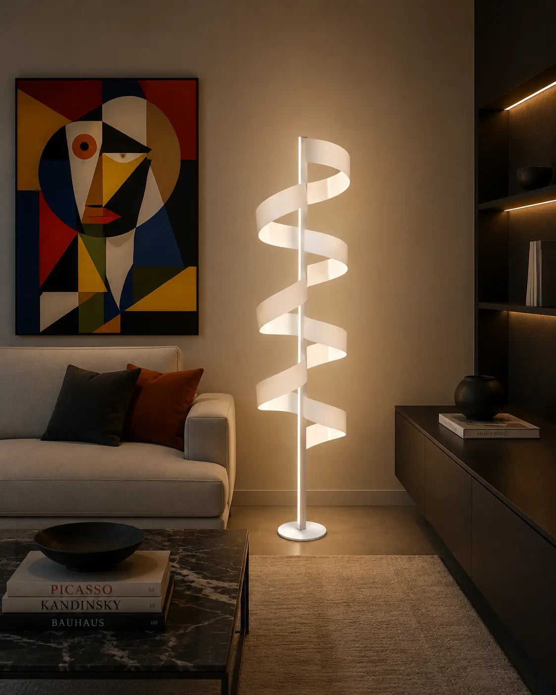 Aura Floor Lamp by Tommaso Cristofaro in a contemporary living room, creating warm indirect light with its sculptural spiral form.