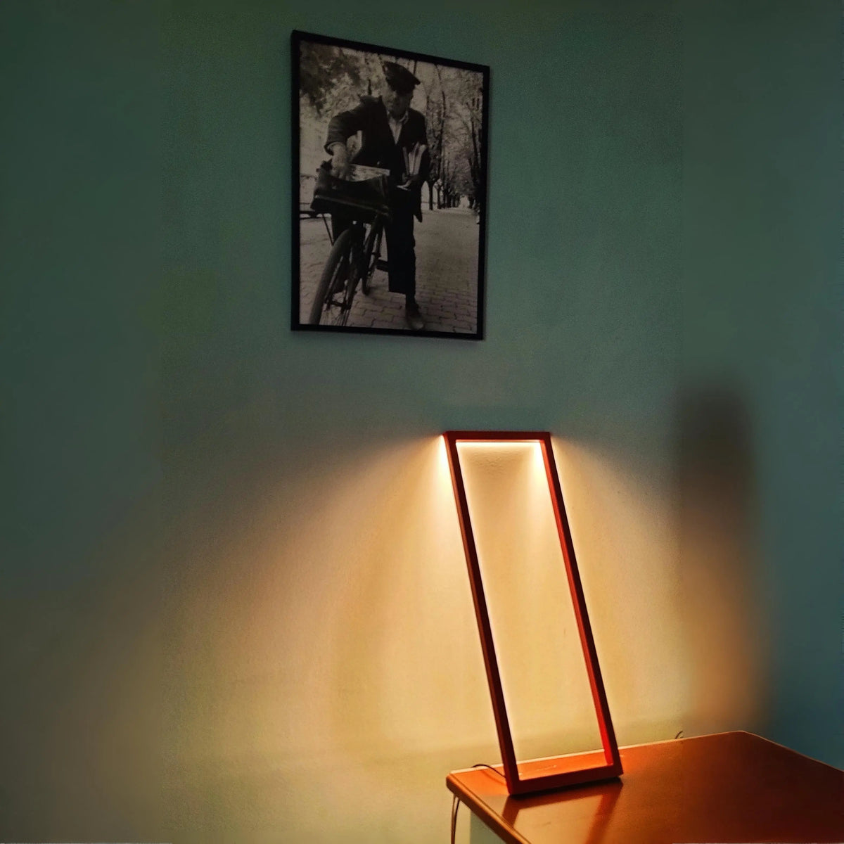 Cornice Table Lamp in Red – Minimalist handmade desk light with indirect wall glow, designed by Tommaso Cristofaro

