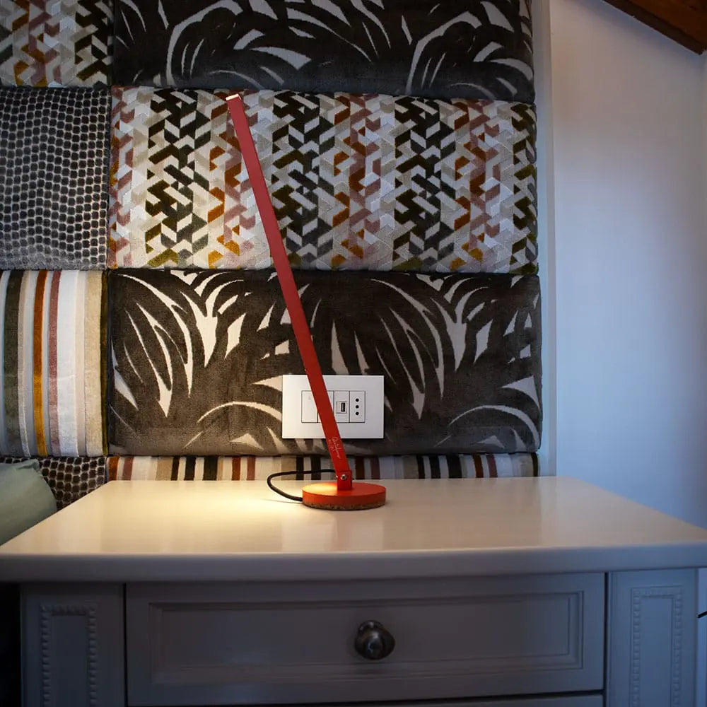 Gica Contra Table Lamp in Red – Minimalist handmade desk light with indirect wall glow designed by Tommaso Cristofaro
