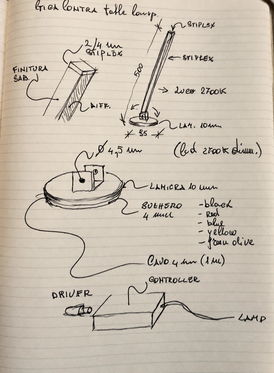 Original notebook sketch for Gica Contra Table Lamp lighting study