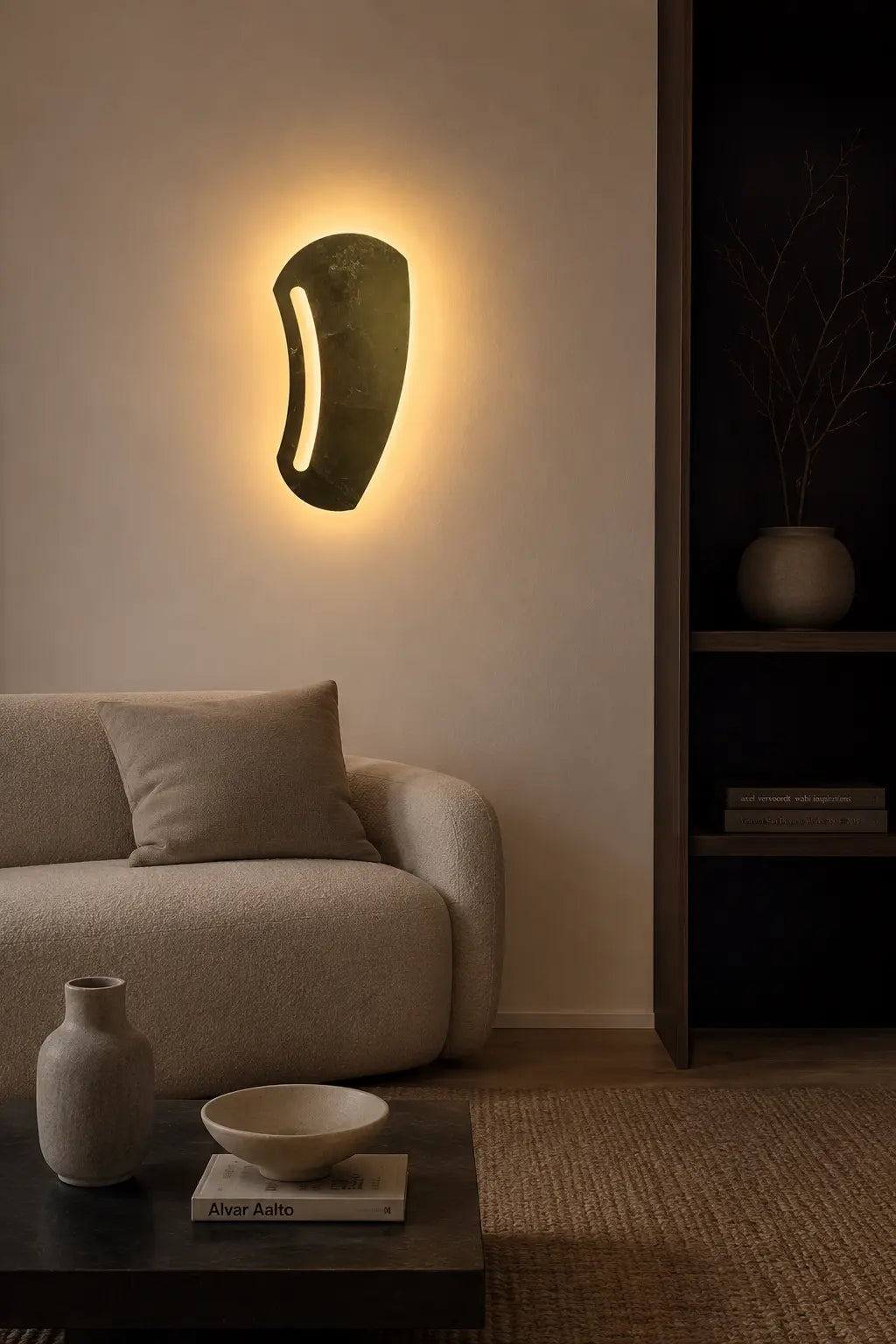 Lamina wall lamp in a bright modern living room, handcrafted sculptural light by Tommaso Cristofaro with warm indirect illumination.